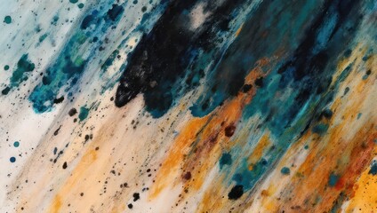  Swirling abstract artwork with flowing colors of teal, orange, black, and white, a mixed media design