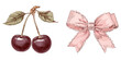 © Ayip - Illustrazione acquerello di dolci ciliegie rosse e un grazioso fiocco rosa, ideali per grafica e design su sfondo trasparente e decorazioni.
