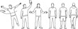 © Itz Majbahuil Here - Continuous line drawing set of young men in casual outfits, standing, walking, cheering, and holding a tablet, vector illustration sketch.