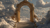 Golden ornate archway with intricate carvings and columns leading animated movie a staircase into a heavenly sky filled with clouds and doves