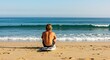 © lananh - Solo surfer patiently waiting on his board on the sunny beach watching the sparkling waves under clear skies. AI Generated