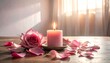 © Cici - A lit pink candle and a rose rest on a wooden surface with scattered petals. Sunlight streams in from a window