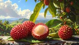 Freshly harvested rambutan fruits displayed on banana leaves with mountain backdrop