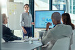 © BuyoutReese05/peopleimages.com - Presentation, data and speaker with business woman in office for sql database, finance metrics and review. Budget chart, transaction feedback and account infographic with employees in agency
