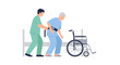 © Hacky - Healthcare Worker Helping Senior Patient Transfer Safely from Hospital Bed to Wheelchair Using a Gait Belt Illustration.