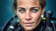 © Yevheniiya - Close-up of a determined female diver with striking blue eyes, looking at the camera.