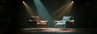 © Pippin - Professional Interview Studio, Elegant Teal Brown Leather Armchairs, Dramatic Spotlight Lighting Rays, Business Negotiation Space, Cinematic Broadcast Backdrop, Panoramic Background, Copy Space