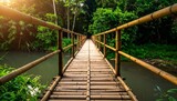 A serene bamboo bridge stretches over a calm river, surrounded by lush green foliage and sunlight