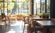 © VideoHub - Modern dining area with sleek wooden furniture, potted plants, and bright daylight streaming through large windows, creating a clean and fresh atmosphere, perfect for home design,