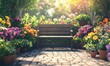 © VideoHub - Rustic garden bench surrounded by potted plants and colorful flowers, warm afternoon light creating a cheerful outdoor retreat, perfect for garden lovers,