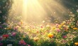 © VideoHub - Soft-focus wildflower meadow glowing under golden sunlight, with colorful petals blending seamlessly into a dreamy natural landscape