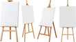 © GraphicPNG - a studio photograph showcasing a collection of blank wooden art easels with white canvases, ready for artistic expression.