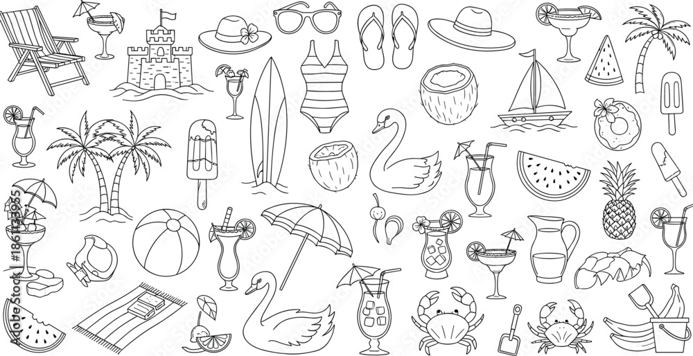 Summer beach vacation doodle icons set, tropical holiday travel symbols, hand drawn food and drink collection, cad drawing flat vector illustration