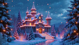 Snowy winter castle surrounded by trees and twinkling lights. Evokes a sense of magic and wonder, suitable for festive themes or winter celebrations.