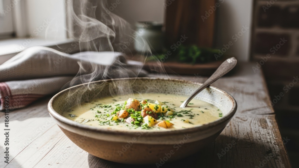 Steaming creamy soup with fresh herbs and croutons in a rustic bowl on a wooden table