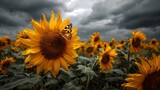 Sonnenblumenfeld mit Schmetterling unter bedrohlichem Gewitterhimmel
