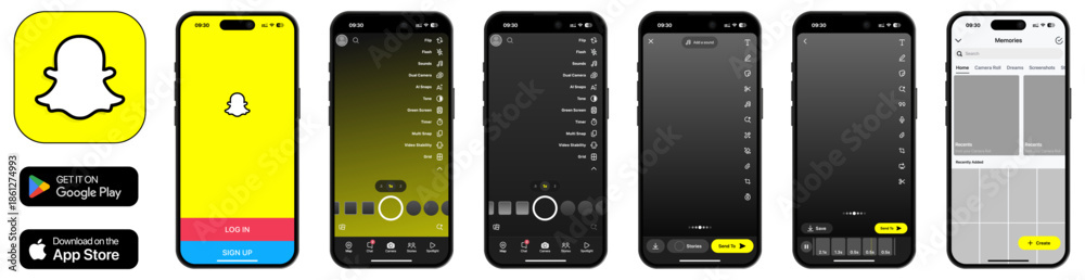 Snapchat Interface Layout Snapchat UI template 2026 update with iOS 26 liquid glass design, shown ...