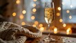 © you - dcf. A champagne flute with golden bubbles on a wooden table beside a cozy blanket and festive confetti. bar promotions, beverage menus, designed for food & beverage menus and cafe branding.