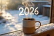 © MdArshed - A warm cup of coffee on a snowy windowsill with the year 2026 written in steam