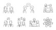 © Fozlul - Line art illustrations of business people communicating and collaborating in various group settings with laptops and speech bubbles with communication
