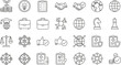 © MstBabli - Professional business strategy and global networking line icon set featuring corporate leadership, international teamwork, financial growth, chess tactical planning, and healthcare management symbols.