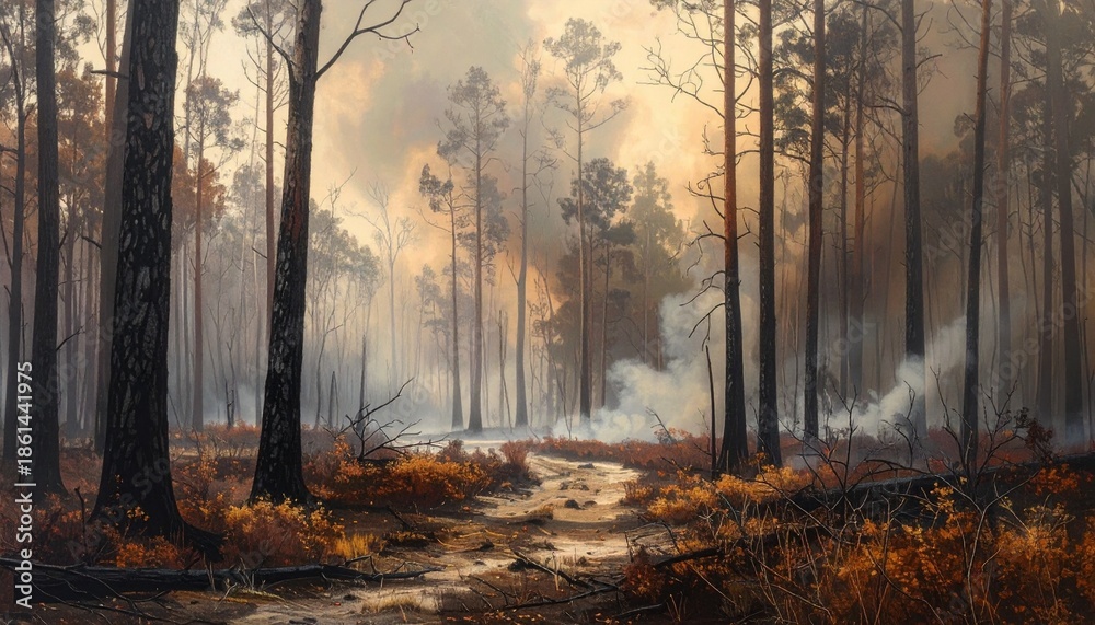 Smoldering aftermath of a devastating forest fire with smoke filling ...