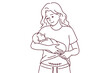 © Sunflower - Line drawing of woman cradling infant while showing surgical incision on abdomen. Outline for parenting education or medical posters about postpartum recovery and cesarean birth.