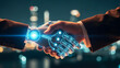 © Felipe - Primer plano de brazo robótico biónico estrechando mano con humano representando el futuro del trabajo y la automatización en la revolución industrial 4.0