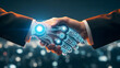 © Felipe - Manos de humano y robot estrechándose para colaboración en inteligencia artificial y asociación empresarial en la era de la transformación digital