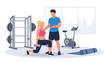 © meeblues - Modern vector illustration of fitness trainer coaching client in gym studio, wellness service industry, personal training, and healthy lifestyle concept