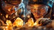 © Игорь Бондаренко - Two real miners closely examining rough glowing crystals embedded in a rock surface, bright realistic human faces, strong natural expressions, intense focus and teamwork