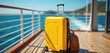 © miss irine - Yellow hard shell suitcase and brown duffel bag rest on wooden deck of cruise ship sailing in blue ocean water. Travel baggage awaits holiday journey on liner deck.