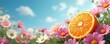 © miss irine - Orange slice sits among pink and white daisy flowers under blue sky with clouds. Vibrant summer nature scene with citrus fruit and blossoms. Freshness and organic growth symbolize life.