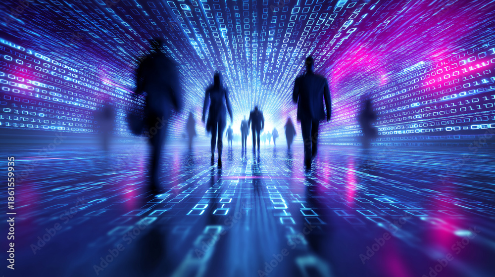 Silhouetted people walking through a futuristic neon tunnel represent ...