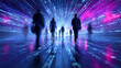 © Curioso.Photography - Silhouetted people walking through a futuristic neon tunnel represent digital transformation, virtual reality, and technological future.