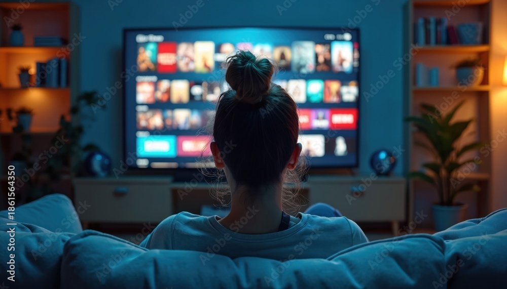 Person watches TV screen with movie selections on streaming service. User browses film library choosing content for evening entertainment at home. Couch, smart TV, and posters are visible.