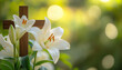 © wolfelarry - Wooden cross, easter lilies on green blurred background. Christian holiday floral composition with religious symbol of faith, hope, love