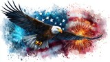an eagle flying  with background of american flag and fireworks in a water color style, solid white background