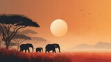 Silhouette of elephants and calf walking across African savanna at sunset with acacia trees and di