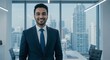 © School - Confident young businessman smiling in modern office with city view
