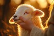 © lucky - person's hand gently cradling a content lamb's face in warm golden backlit sunset, peaceful tender moment