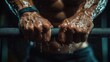 © zhuan - Two drenched hands gripping a textured workout bar, water droplets falling from veined muscles and a wet muscular torso, conveying intense determination and raw strength