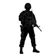 © Veronica - Silhouette of a Soldier Standing with Rifle, Military Uniform, Combat Gear, White Background