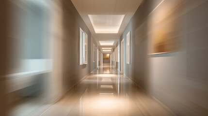  A blurred view of a modern corridor showcasing sleek design and natural light, creating a tranquil atmosphere.