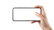 © Sohel - Woman hand holding smartphone horizontally with blank white screen isolated on transparent background