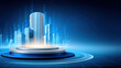 © javu - Efficient digital city podium with blue data transfer technology background for futuristic