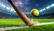 © Laser - Close-up of softball being hit by wooden bat on green field