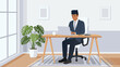 © DOLARRIZ JHON - Modern home office vector illustration of a businessman working on a laptop at his desk with a plant nearby