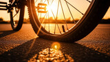 Bicycle wheel with flat tire at sunset on asphalt deflated