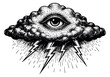 © cac_tus - Hand drawn illustration of an all-seeing eye in a cloud depicting lightning and rain for mystical and spiritual designs
